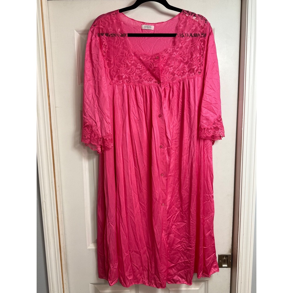 Vtg VENTURA Womens Pink Lace Trim Button Front Nightgown Robe XL pockets